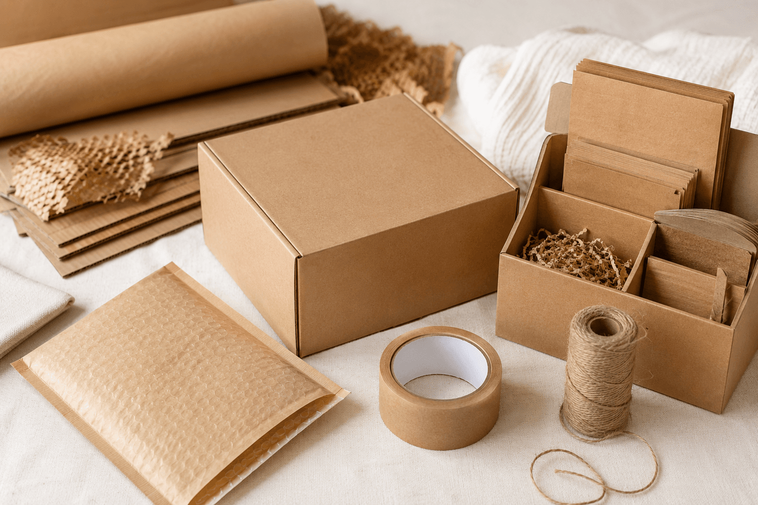 A configurable set of blank packing supplies laid out on a workbench